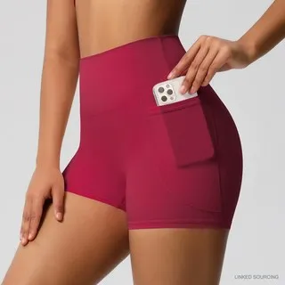LS-B0351 Brushed Side-Pocket Yoga Shorts in Carmine Red, original product photograph