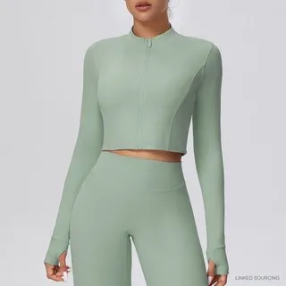 LS-B0368 Brushed Cropped Zip Jacket in Basil Green, original product photograph