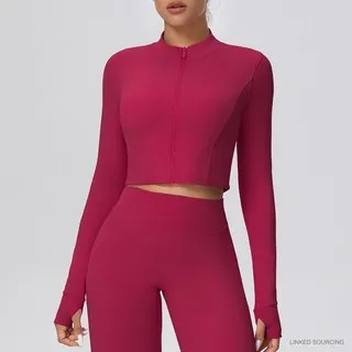 LS-B0368 Brushed Cropped Zip Jacket in Carmine Red, original product photograph