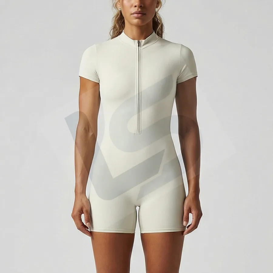 LS-B0371 Women's Zip-Front Short-Sleeve Yoga Unitard in Light Ivory, original product photograph