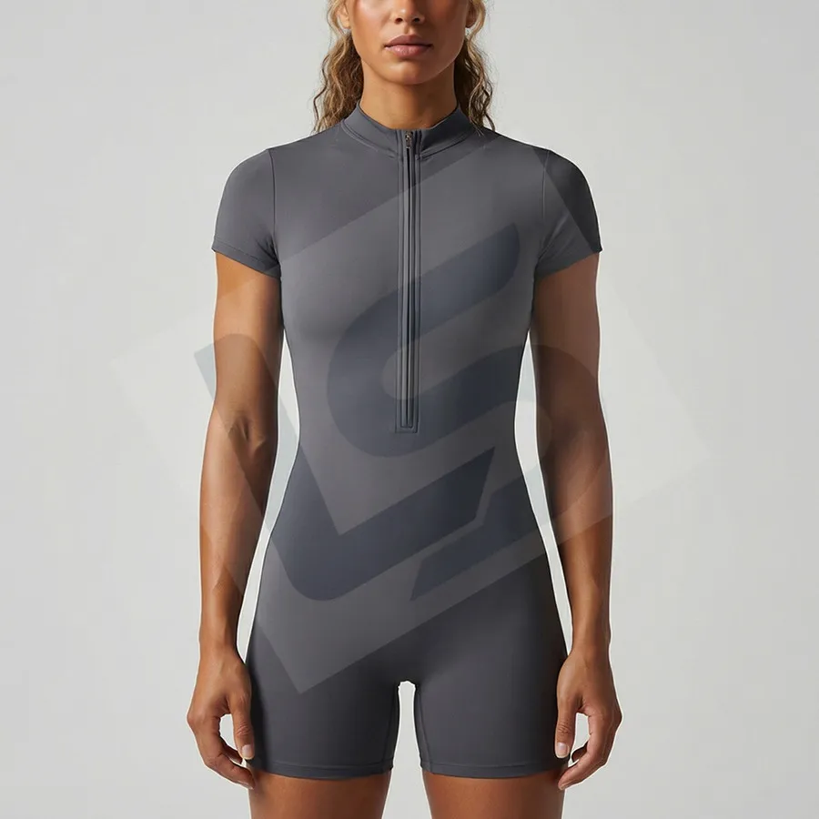 LS-B0371 Women's Zip-Front Short-Sleeve Yoga Unitard in Graphite Grey, original product photograph