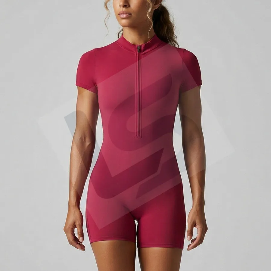 LS-B0371 Women's Zip-Front Short-Sleeve Yoga Unitard in Rouge Red, original product photograph