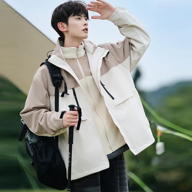 LS-B0416 Men's 3-in-1 Fleece-Liner Outdoor Shell Jacket in White / Khaki — Fleece Set, original product photograph