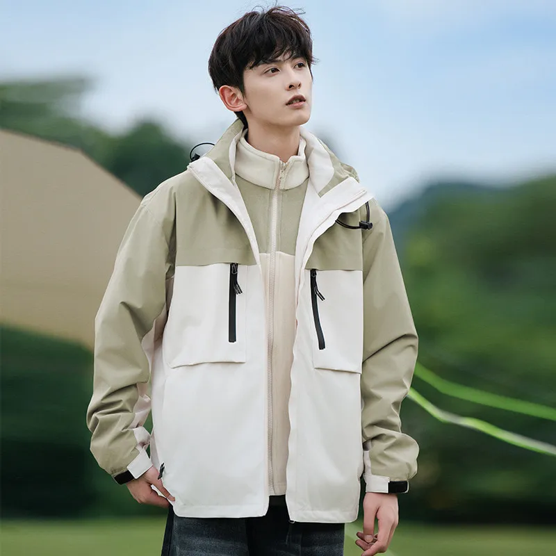 LS-B0416 Men's 3-in-1 Fleece-Liner Outdoor Shell Jacket in White / Light Green — Fleece Set, original product photograph