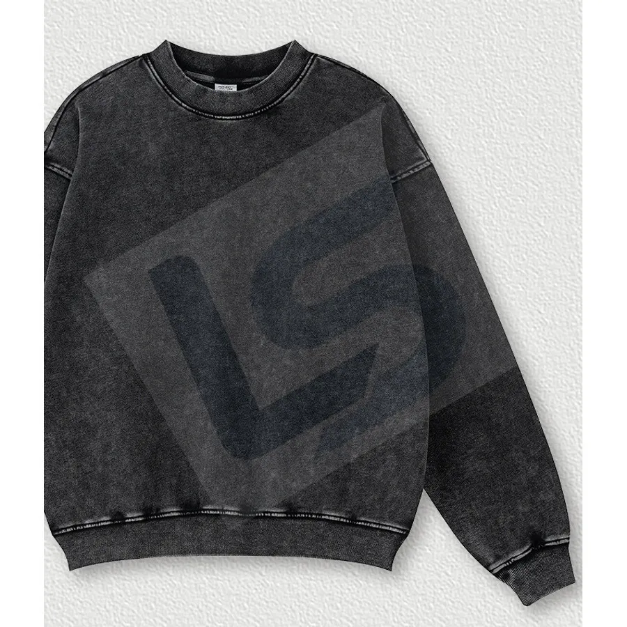 LS-B0434 Men's Vintage-Wash Heavyweight Oversized Crewneck Sweatshirt in Black Snow Wash 2, original product photograph