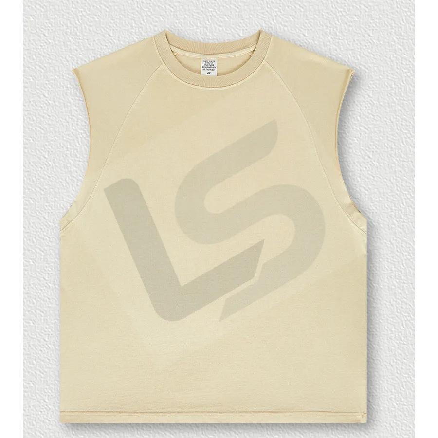 LS-B0437 Men's Vintage-Wash Oversized Raw-Edge Sleeveless Streetwear Top in Grey Apricot, original product photograph