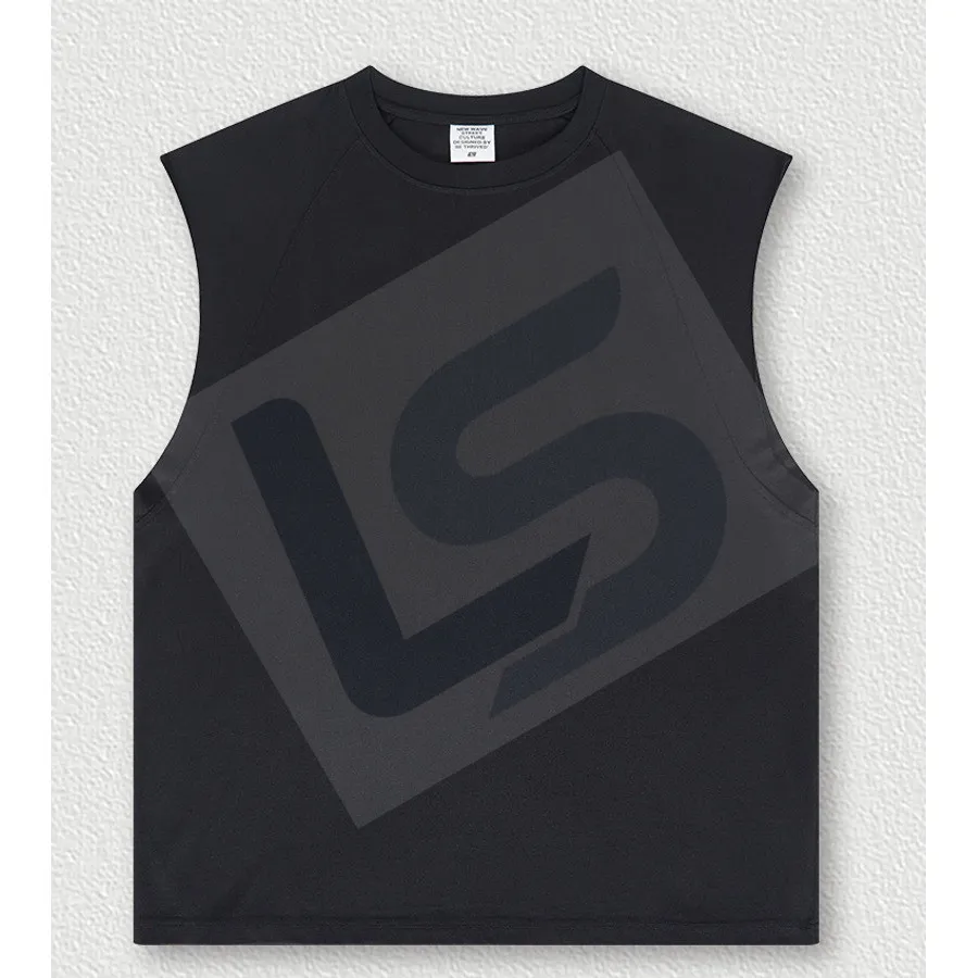 LS-B0437 Men's Vintage-Wash Oversized Raw-Edge Sleeveless Streetwear Top in Black, original product photograph