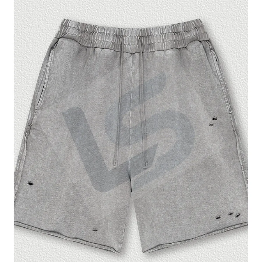 LS-B0442 Men's Vintage-Wash Raw-Edge Distressed Streetwear Shorts in Medium Grey, original product photograph