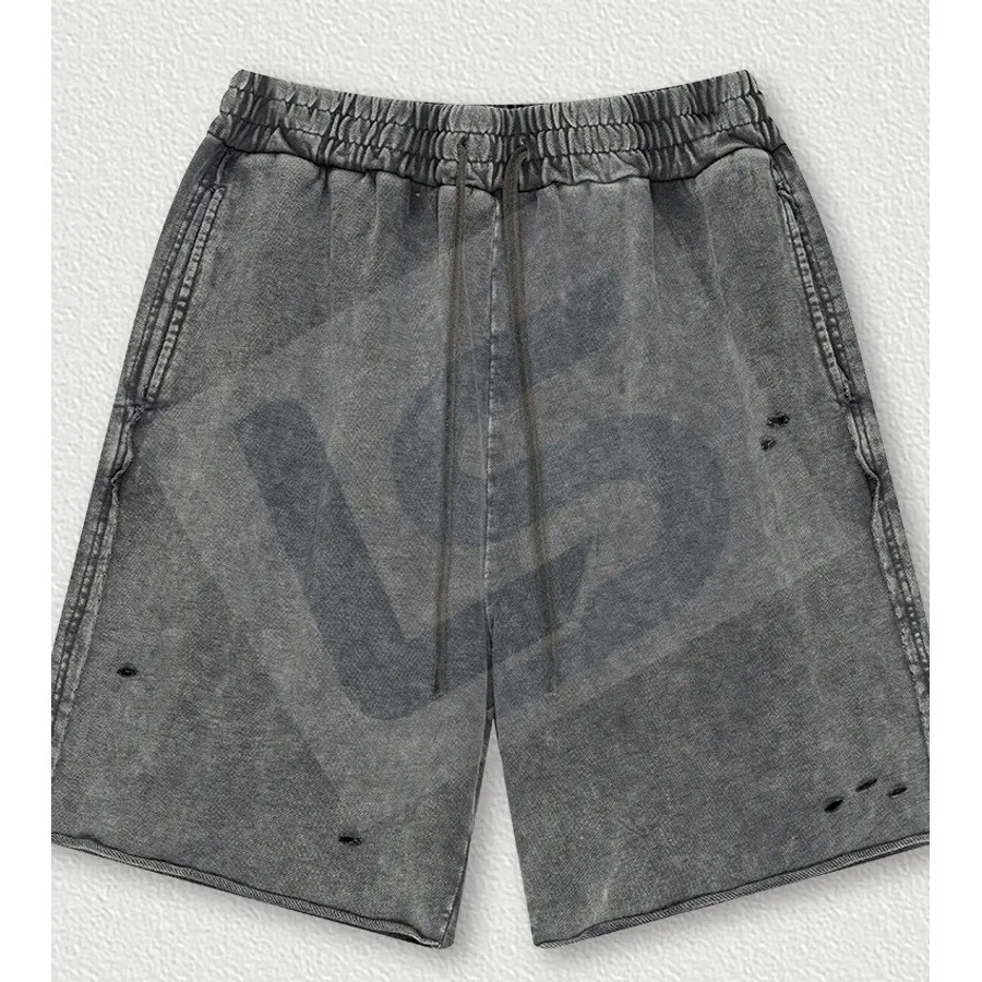 LS-B0442 Men's Vintage-Wash Raw-Edge Distressed Streetwear Shorts in Dark Grey, original product photograph