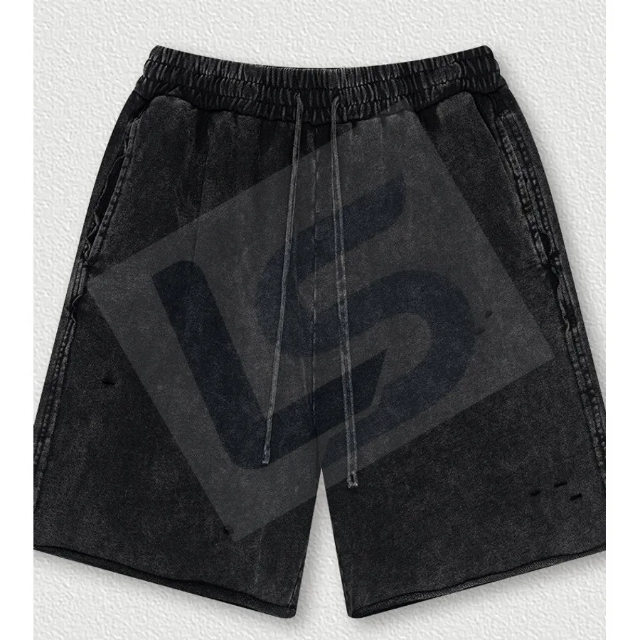 LS-B0442 Men's Vintage-Wash Raw-Edge Distressed Streetwear Shorts in Vintage Black, original product photograph
