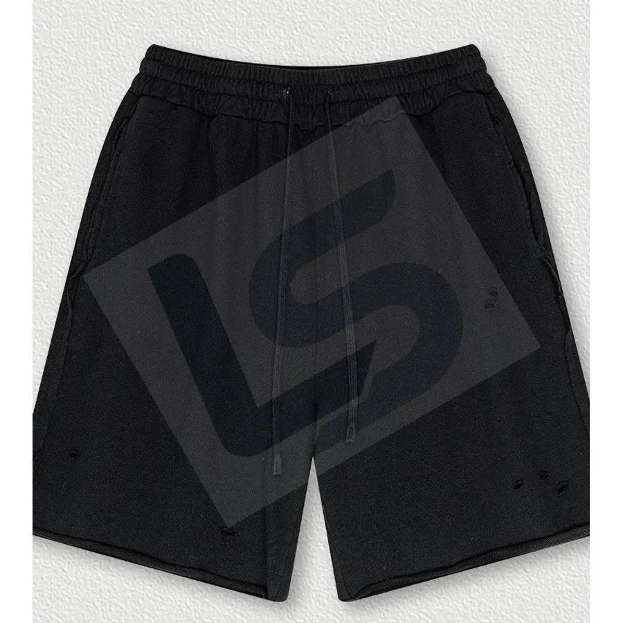 LS-B0442 Men's Vintage-Wash Raw-Edge Distressed Streetwear Shorts in Black, original product photograph