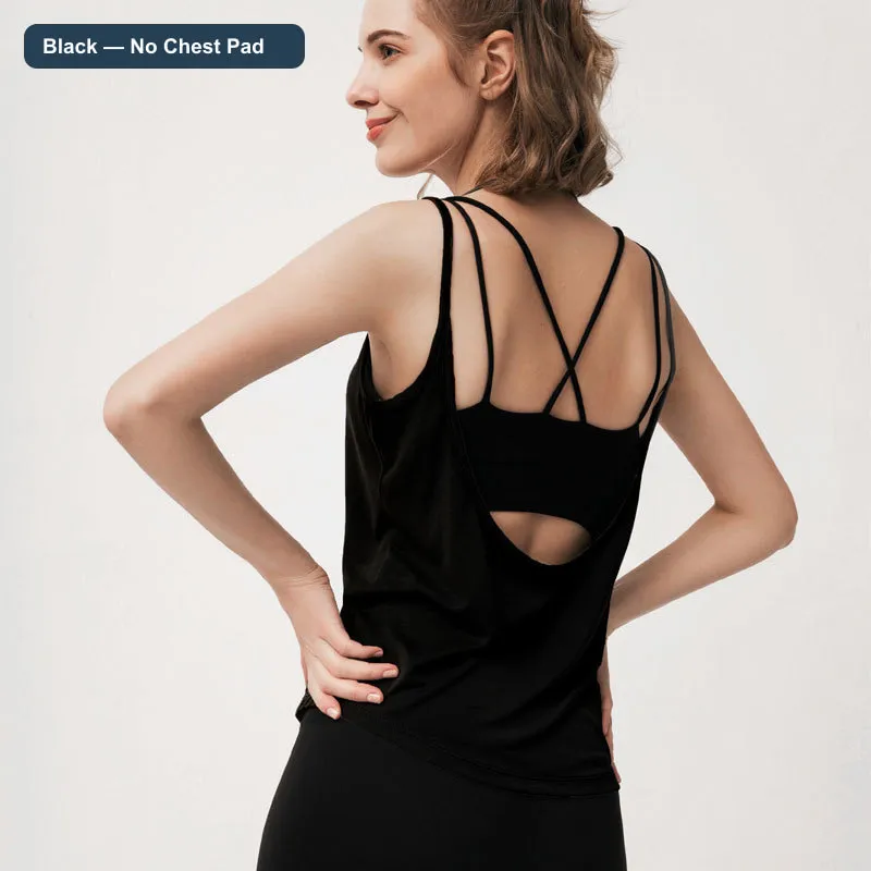 LS-B0450 Women's Modal Open-Back Yoga Tank in Black — No Chest Pad, original product photograph
