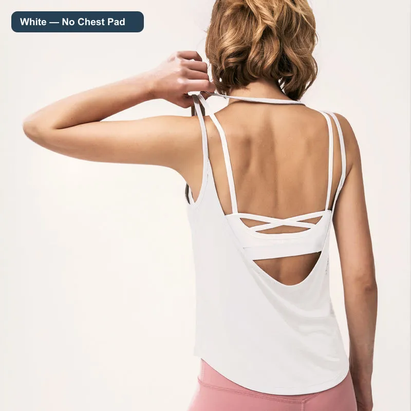 LS-B0450 Women's Modal Open-Back Yoga Tank in White — No Chest Pad, original product photograph