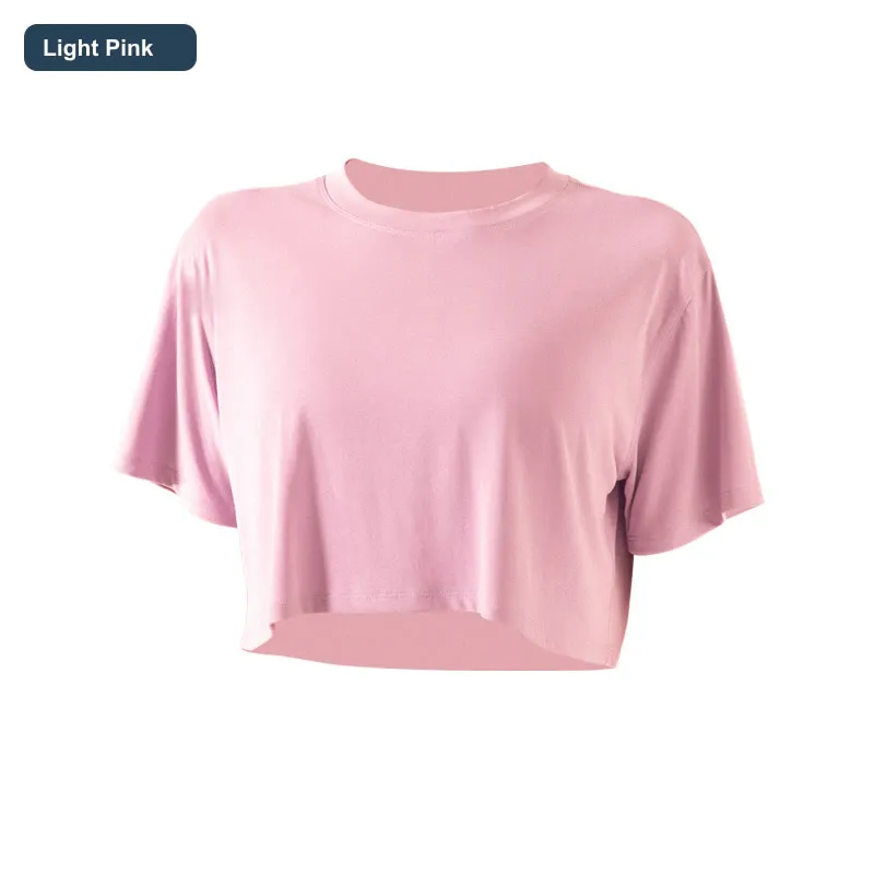 LS-B0451 Women's Modal Cropped Yoga T-Shirt in Light Pink, original product photograph