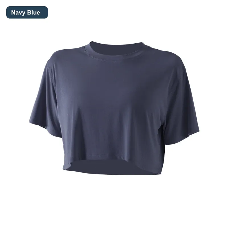 LS-B0451 Women's Modal Cropped Yoga T-Shirt in Navy Blue, original product photograph