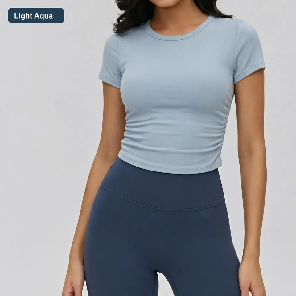 LS-B0454 Women's Ruched Modal Yoga T-Shirt in Light Aqua, original product photograph