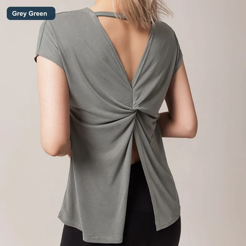 LS-B0456 Women's Cotton Open-Back Yoga Cover-Up in Grey Green, original product photograph
