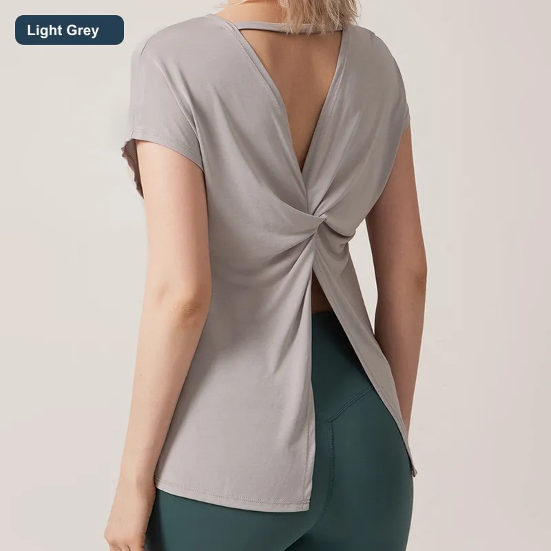 LS-B0456 Women's Cotton Open-Back Yoga Cover-Up in Light Grey, original product photograph