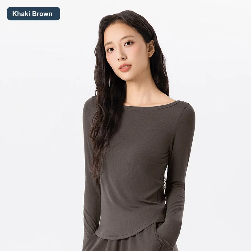 LS-B0457 Women's Fitted Modal Long-Sleeve Yoga Top in Khaki Brown, original product photograph
