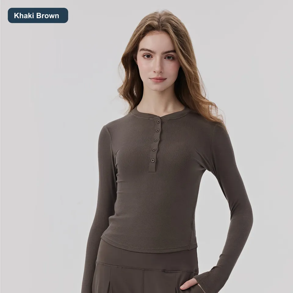 LS-B0458 Women's Modal Henley Yoga Top in Khaki Brown, original product photograph