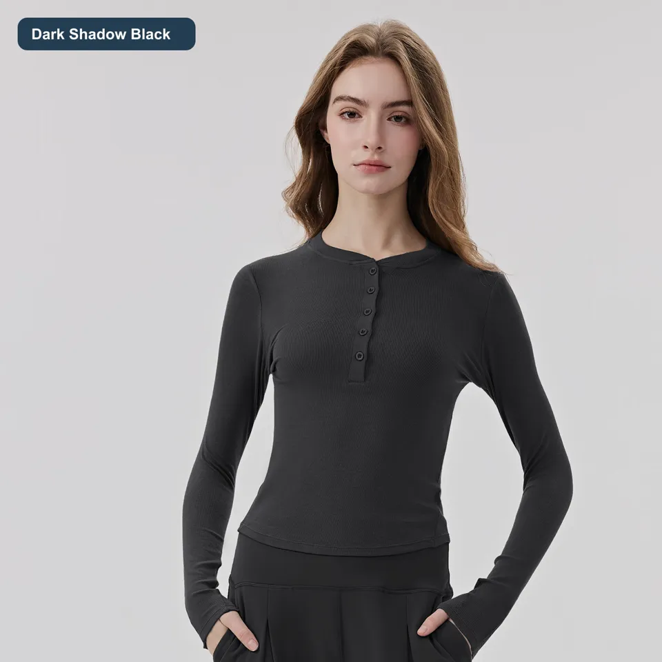 LS-B0458 Women's Modal Henley Yoga Top in Dark Shadow Black, original product photograph