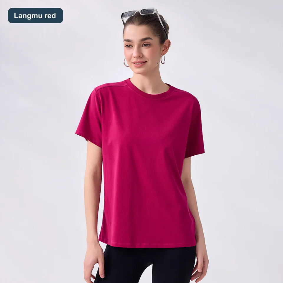 LS-B0472 Women's Cotton Yoga T-Shirt in Langmu red, original product photograph