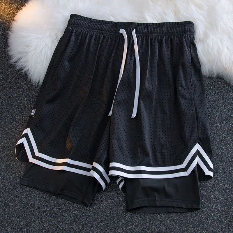 ST26-BS-003 Layered Mesh Contrast-Trim Basketball Shorts in Black / White, original product photograph