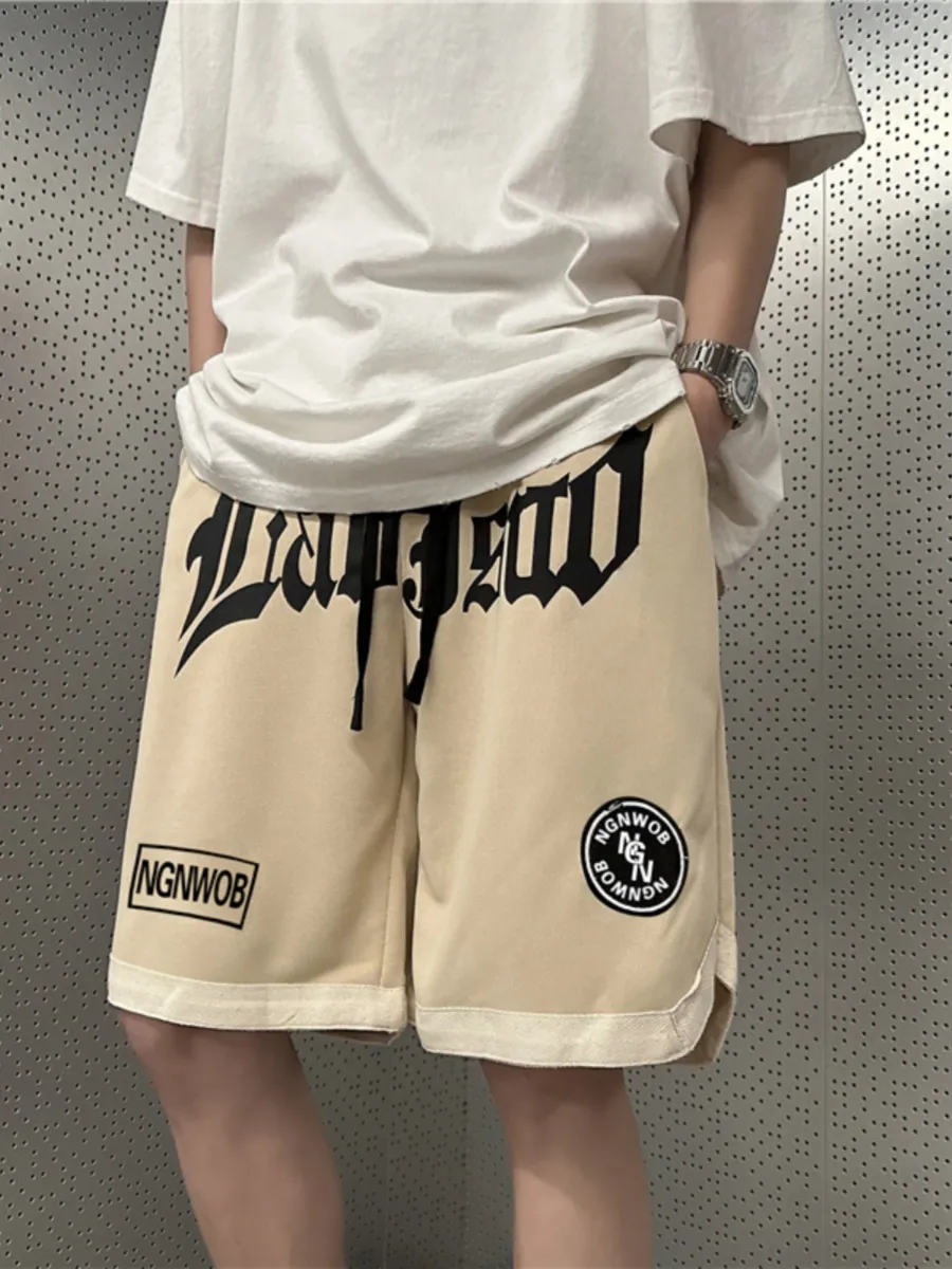 ST26-BS-005 Gothic-Letter Basketball Shorts in Cream, original product photograph