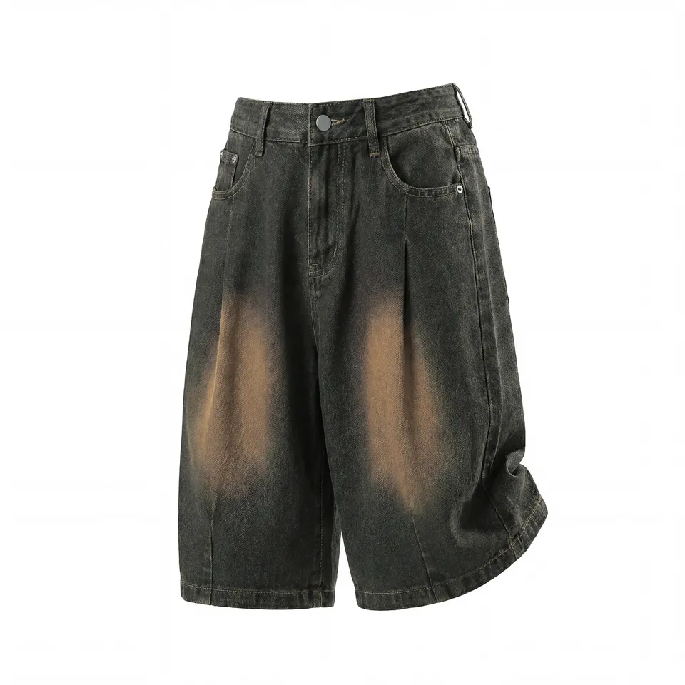 ST26-DJ-002 Pleated Wide Denim Jorts in Brown-Tone Vintage Wash, original product photograph