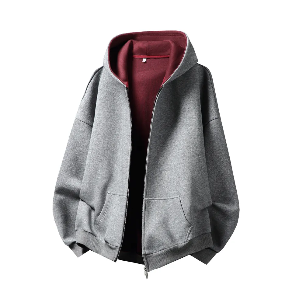 ST26-HD-001 Contrast-Inner Zip Hoodie in Dark Grey / Burgundy, original product photograph