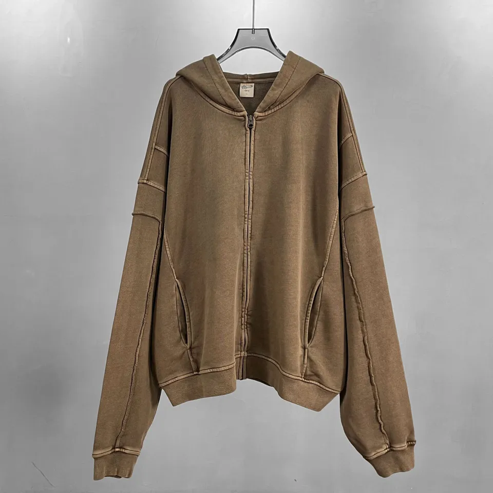 ST26-HD-002 Washed Exposed-Seam Zip Hoodie in Washed Brown, original product photograph