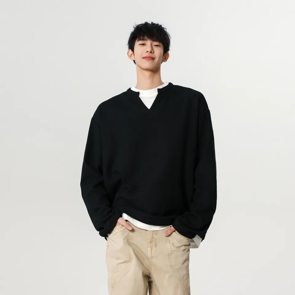ST26-RW-001 Layered-Effect Notch-Neck Waffle Top in Black, original product photograph