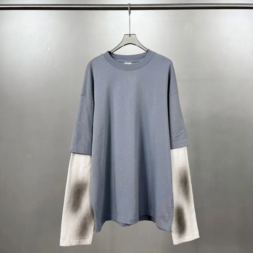 ST26-RW-003 Spray-Wash Layered-Sleeve Tee in Smoky Blue Grey / Cream, original product photograph