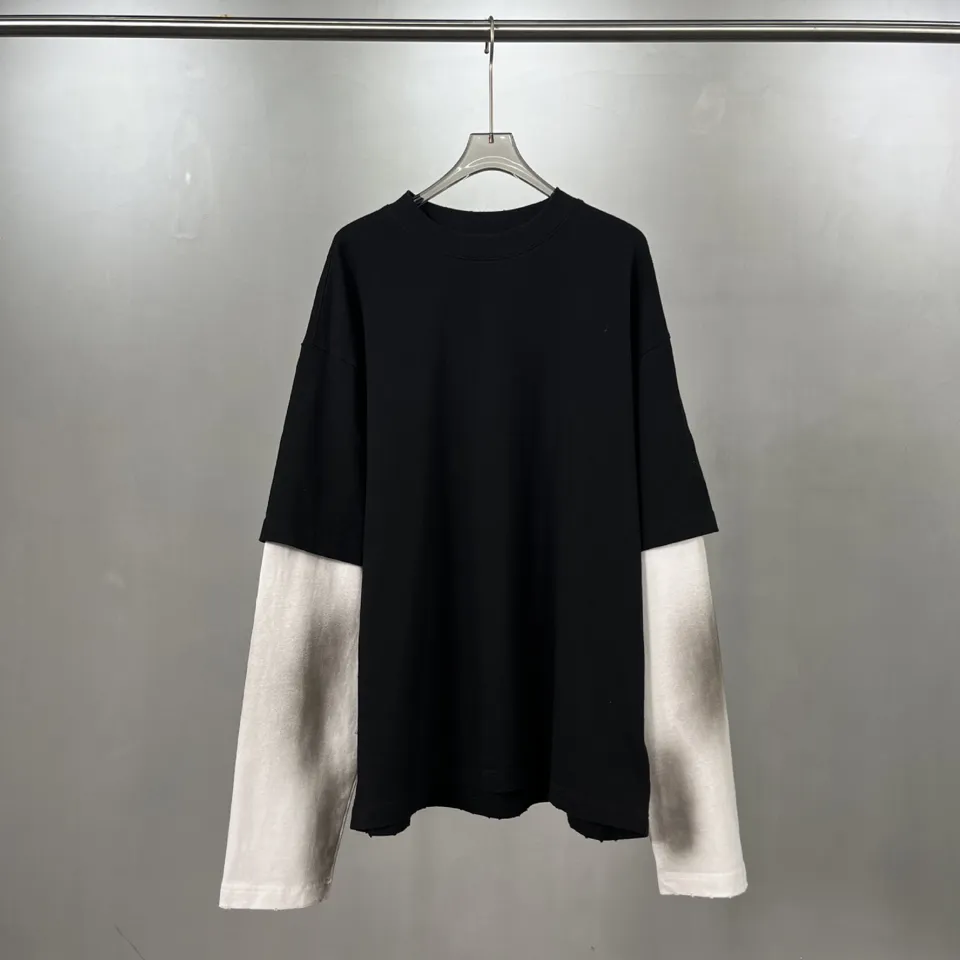 ST26-RW-003 Spray-Wash Layered-Sleeve Tee in Black / Cream, original product photograph
