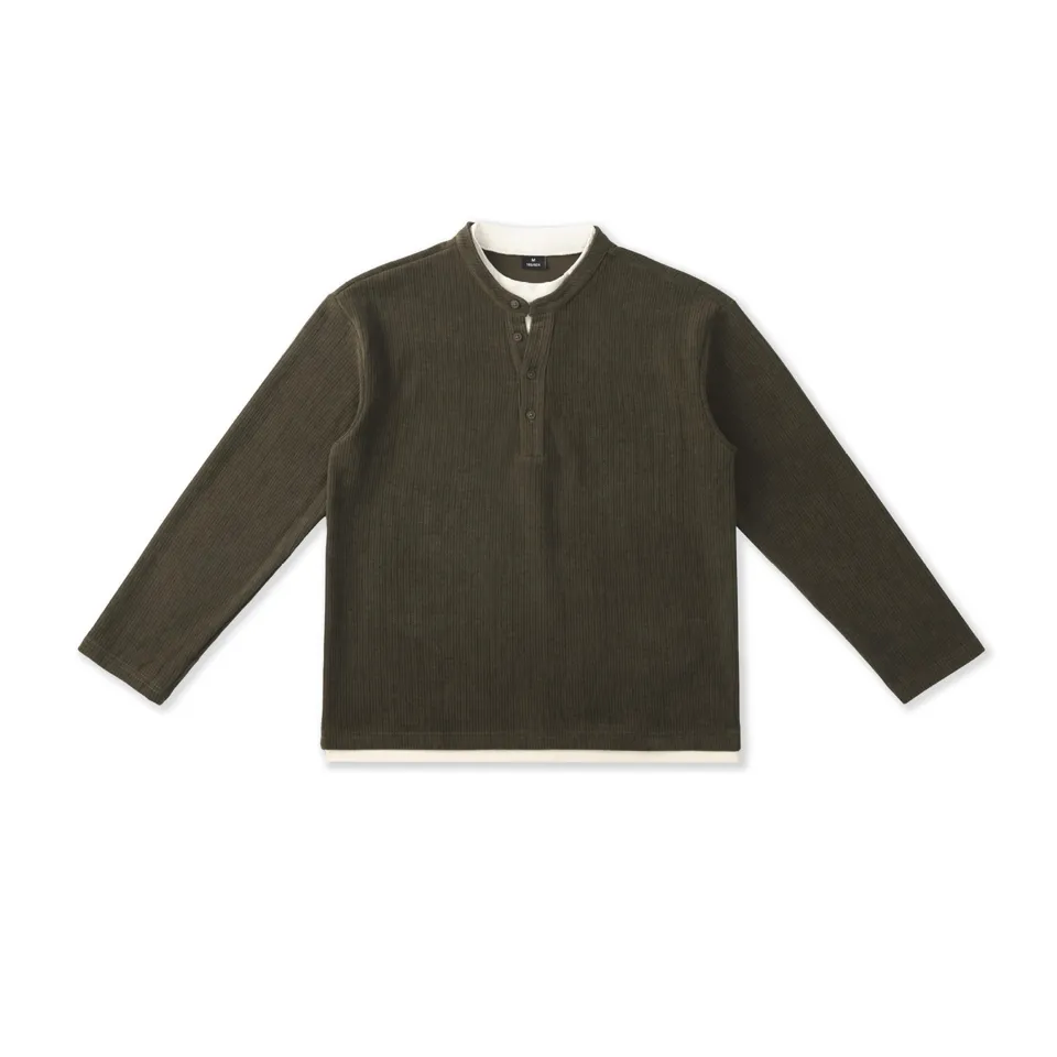 ST26-RW-006 Layered-Look Henley Top in Khaki Green, original product photograph