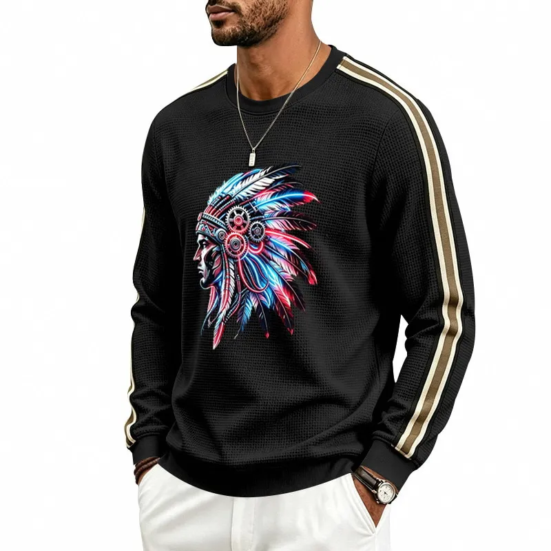ST26-RW-007 Headdress Graphic Stripe-Sleeve Top in Black, original product photograph