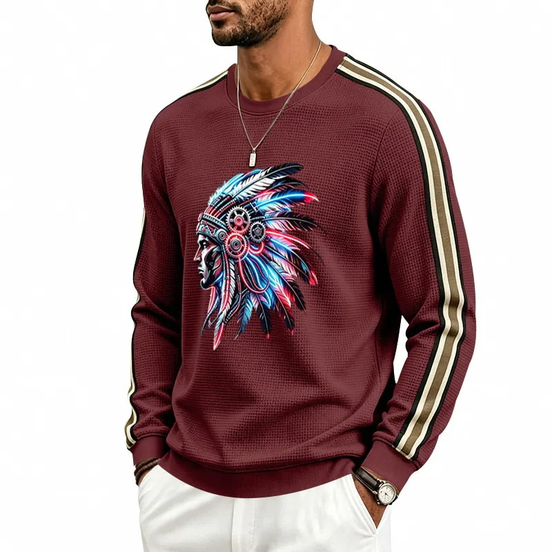 ST26-RW-007 Headdress Graphic Stripe-Sleeve Top in Burgundy, original product photograph