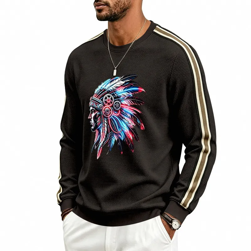 ST26-RW-007 Headdress Graphic Stripe-Sleeve Top in Coffee Brown, original product photograph