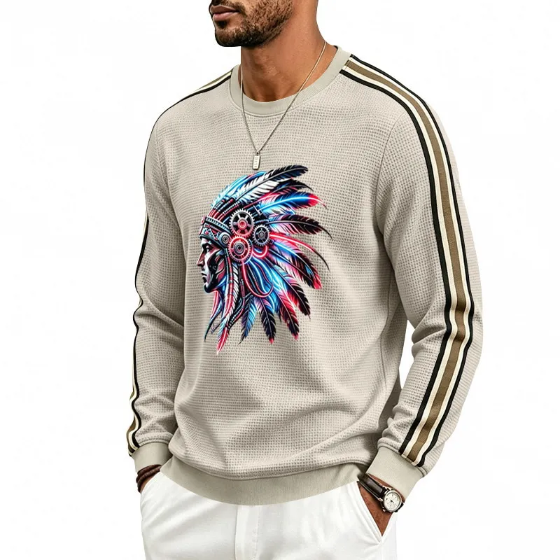 ST26-RW-007 Headdress Graphic Stripe-Sleeve Top in Khaki, original product photograph