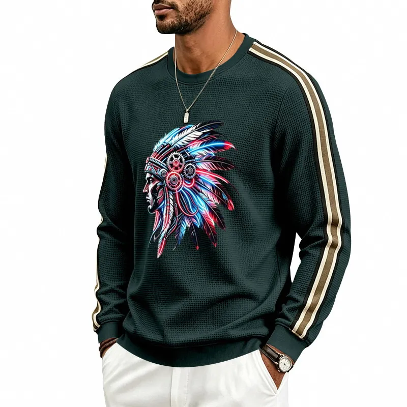 ST26-RW-007 Headdress Graphic Stripe-Sleeve Top in Dark Green, original product photograph