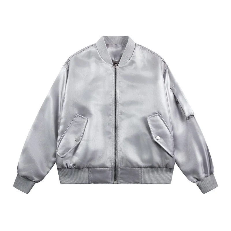 ST26-VB-001 Satin-Look Yoke Bomber Jacket in Silver Grey, original product photograph