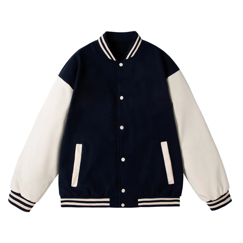 ST26-VB-008 Contrast-Sleeve Varsity Jacket in Navy / Cream, original product photograph
