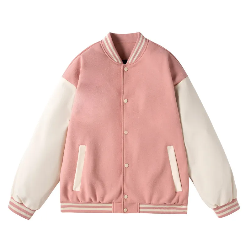 ST26-VB-008 Contrast-Sleeve Varsity Jacket in Pink / Cream, original product photograph