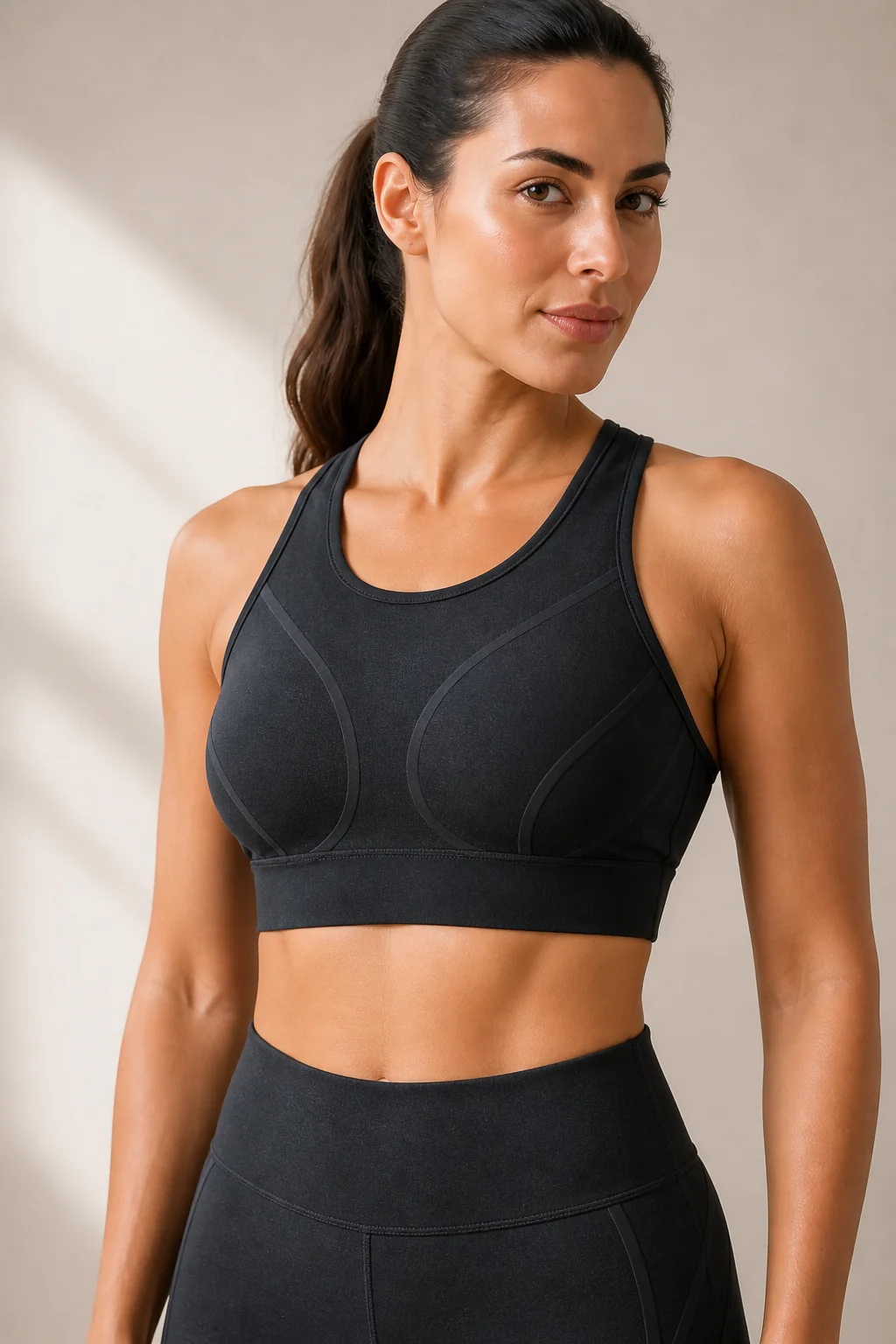 Close-up concept of mapped elastic support paths around a sports-bra cup and underbust zone
