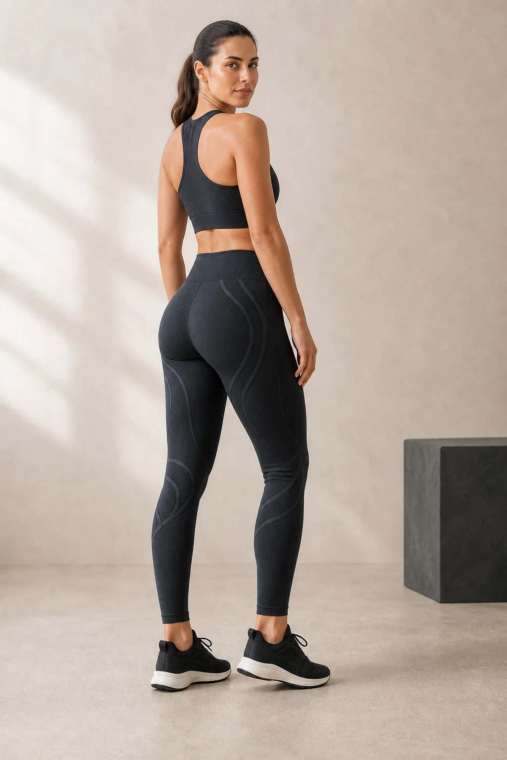 Rear three-quarter concept showing tone-on-tone support paths around the hips, glutes and legs