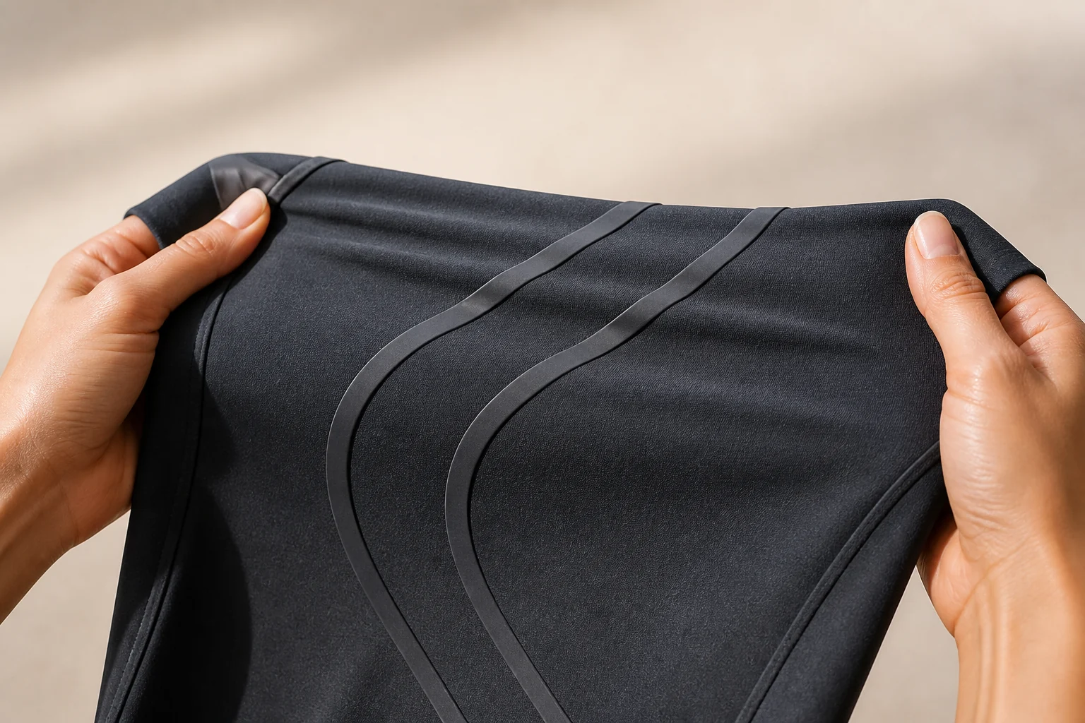 Close-up concept of matte raised elastomer paths flexing with charcoal activewear fabric