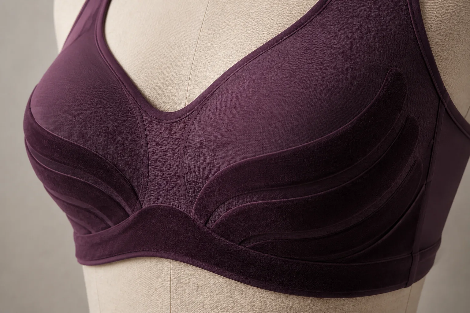 Macro concept of a plum wireless bra with distinct crescent flocked support cradles beneath the cups