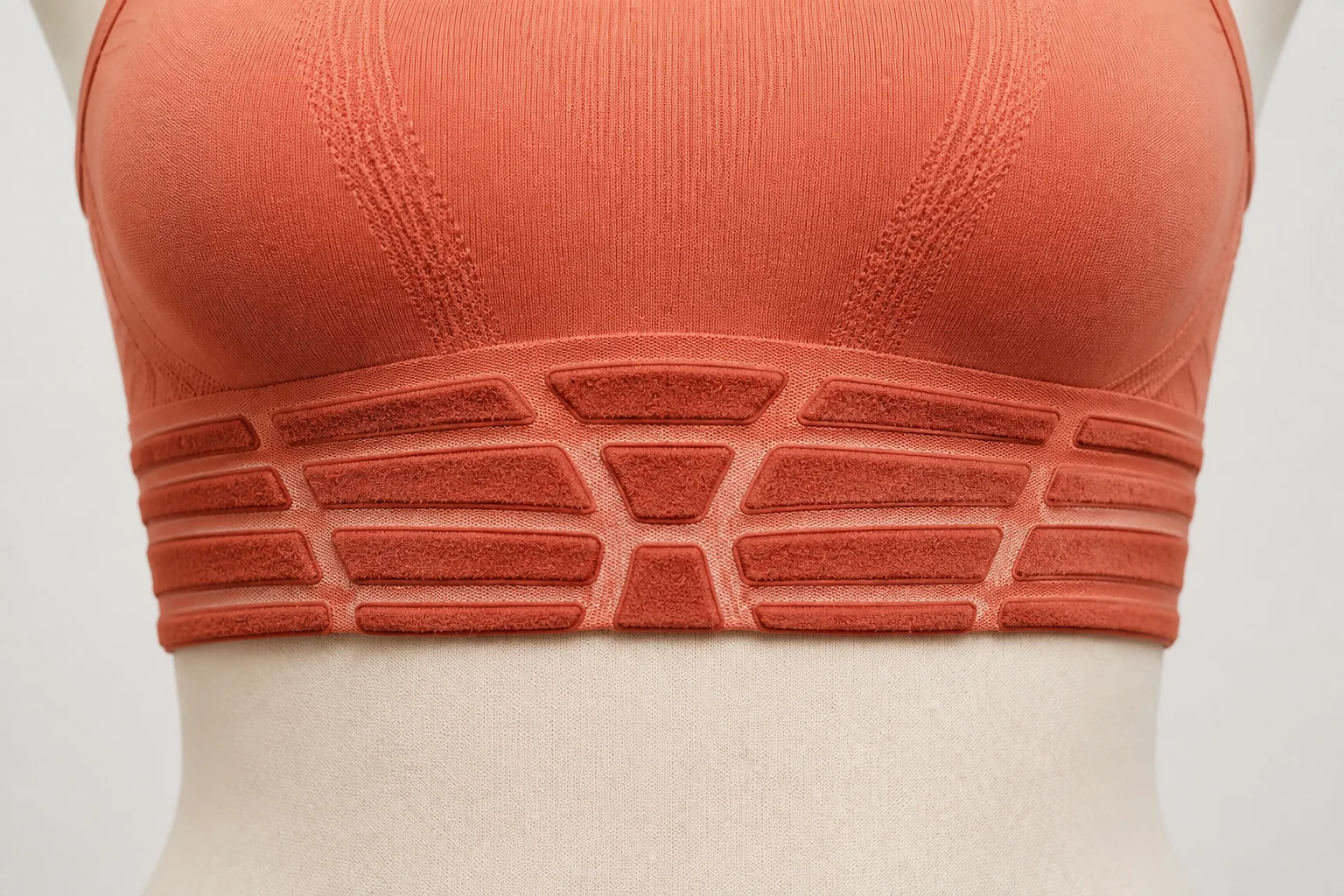 Macro concept of a coral sports bra with separated flocked blocks and open stretch windows in the underband