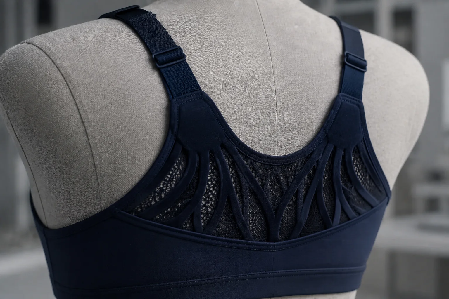 Rear macro concept of a navy sports bra with forked flocked strap anchors and open back mesh
