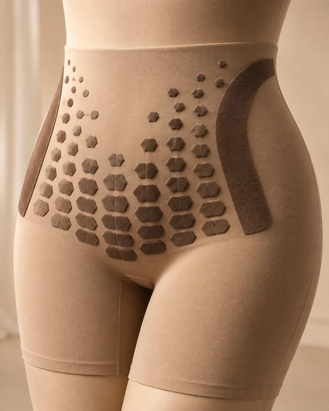 Close concept of sandstone shaping shorts with raised cocoa flock zones across lower abdomen and side waist